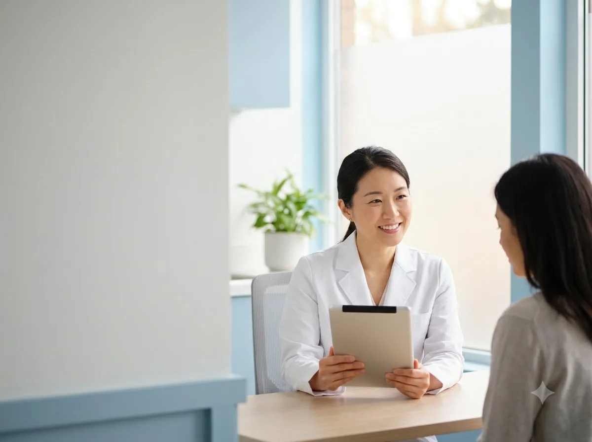 Dermatologist consulting a visitor with a tablet in a bright clinic