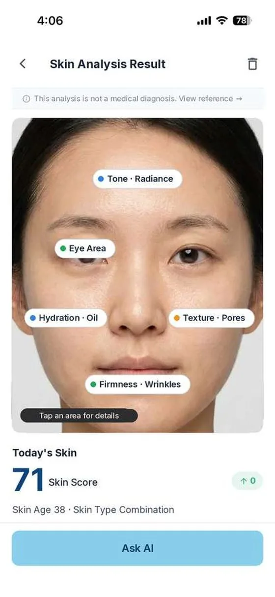 SkiNote skin analysis result screen with area markers and today's skin score