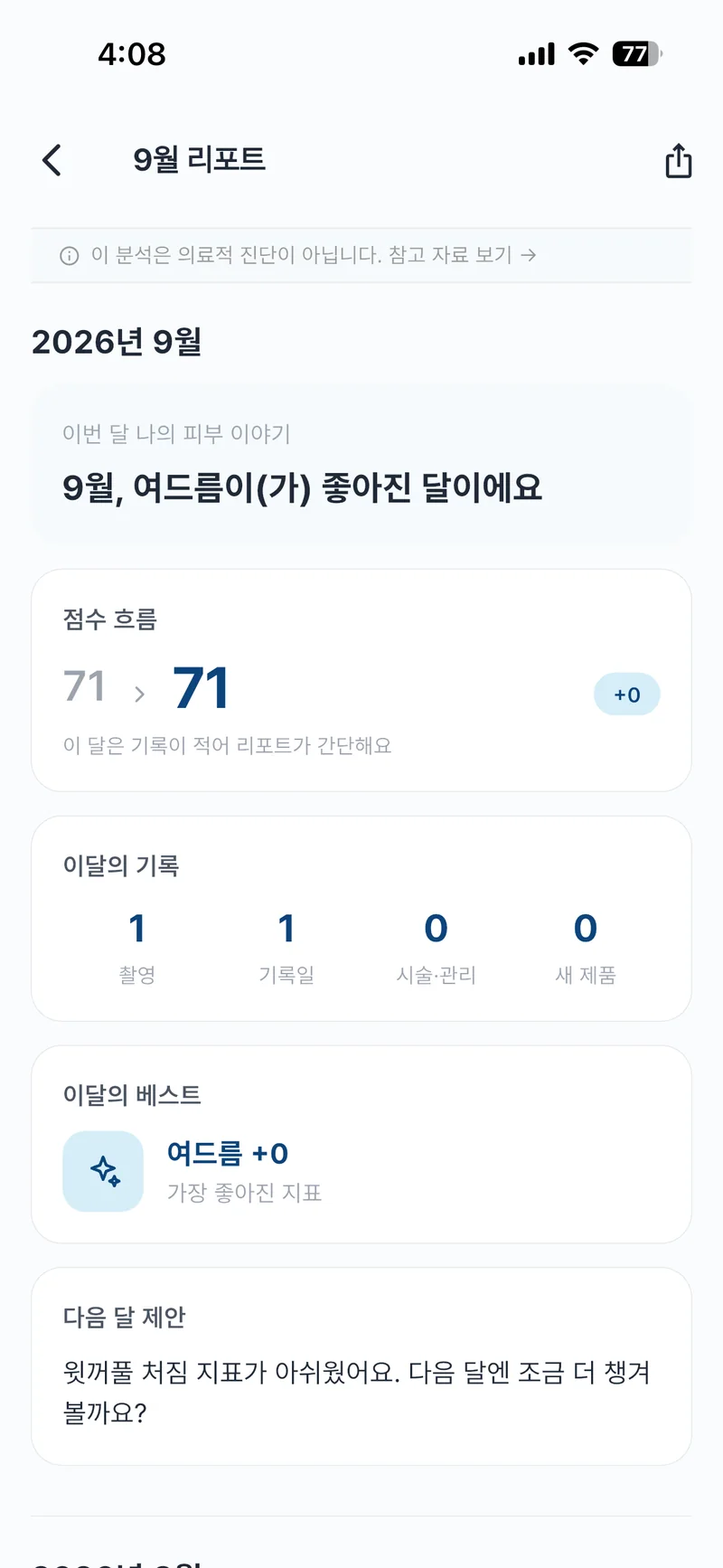 월간 리포트 화면 — 한 달의 점수 흐름과 이달의 베스트 지표